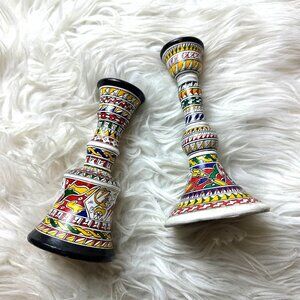 Vintage Hand Painted 2PCS Ceramic Candle Holders Artsy Artisan Tribal Boho